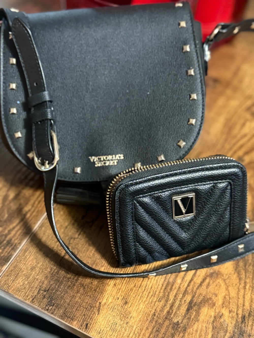 Victoria's Secret Black Studded Crossbody with Quilted Black Zip Wallet